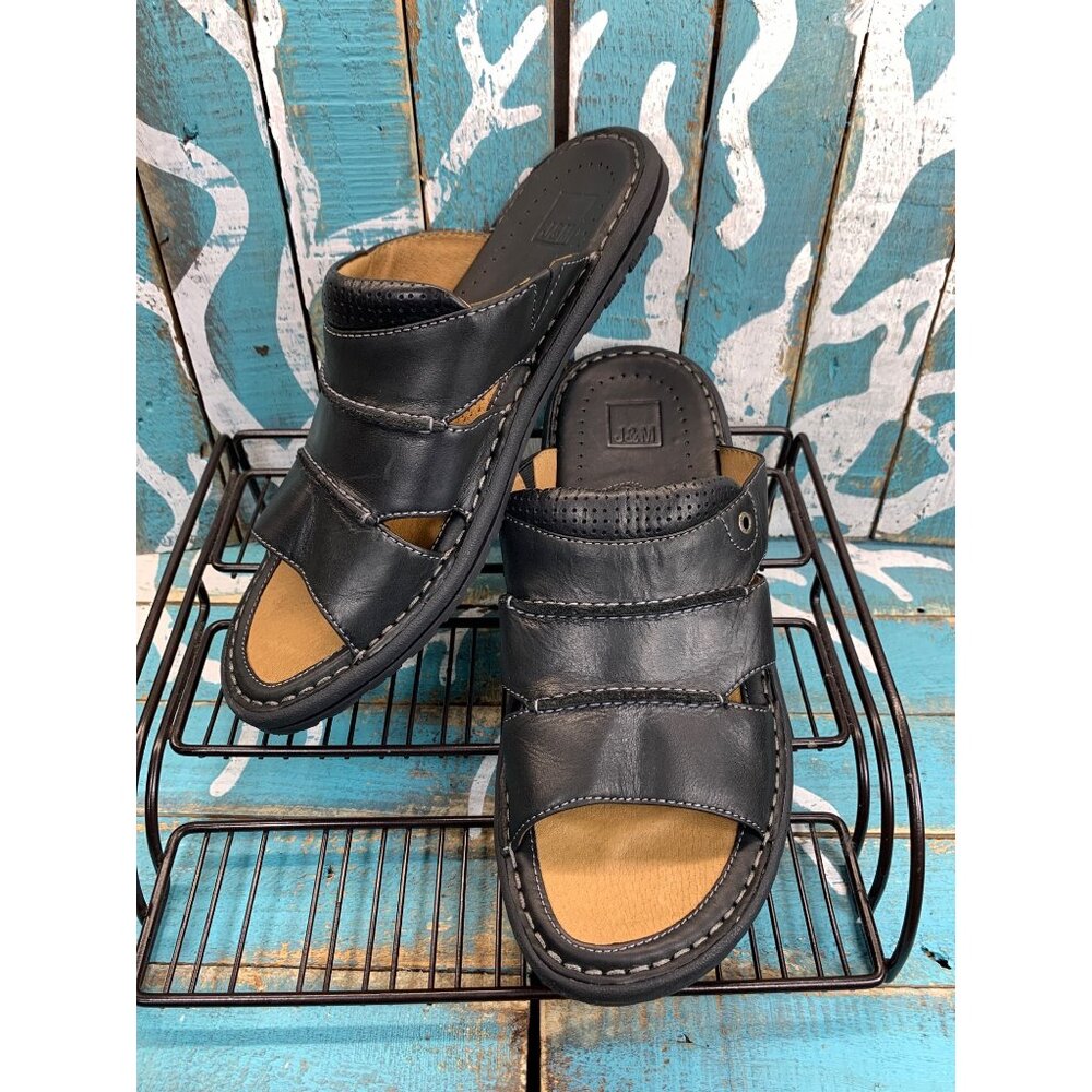 Johnston & Murphy Mens 9M Black Leather Slide Sandals Slip On Flat Heel Casual